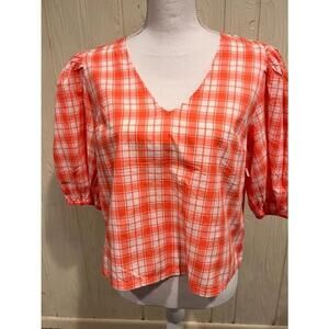 Melrose and Market Orange Gingham Puff Sleeve Blouse Medium